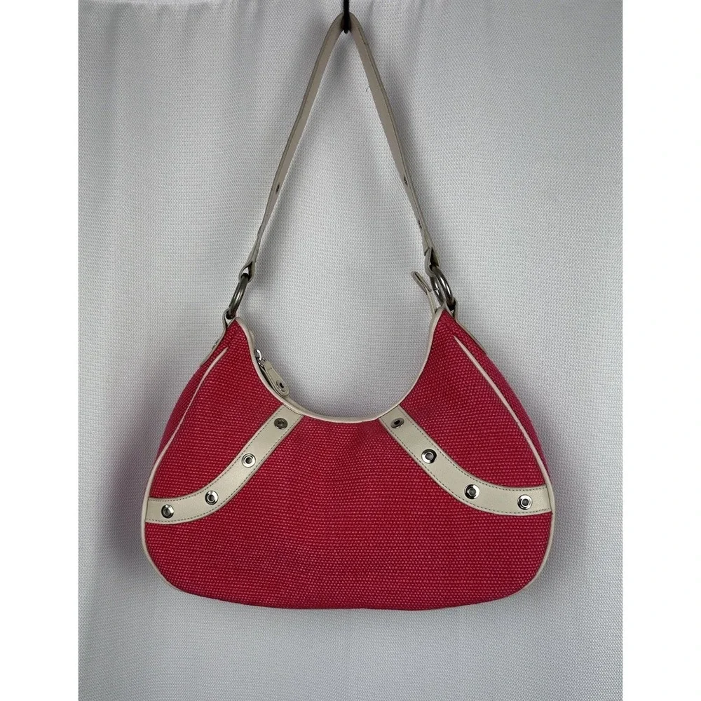 Vintage Stone Mountain Hobo Bag Y2K Hot Pink Canvas Cream Leather Grommet 2000s